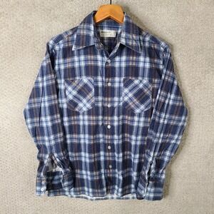Vintage Wedgefield Shirt Mens M 15-15.5 Blue Plaid Button Down Flannel Cotton